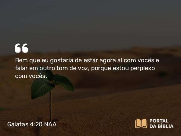 Gálatas 4:20 NAA - Bem que eu gostaria de estar agora aí com vocês e falar em outro tom de voz, porque estou perplexo com vocês.