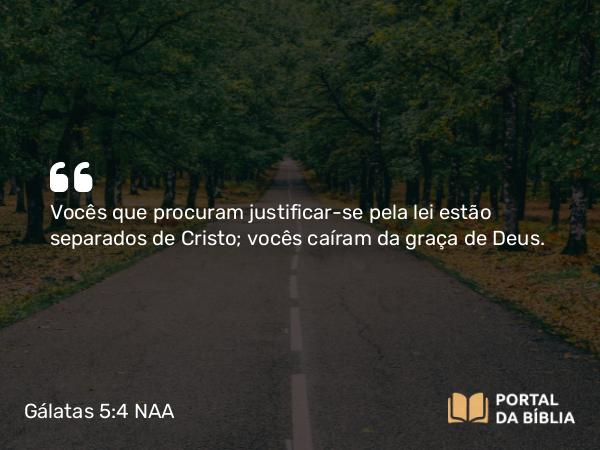 Gálatas 5:4 NAA - Vocês que procuram justificar-se pela lei estão separados de Cristo; vocês caíram da graça de Deus.