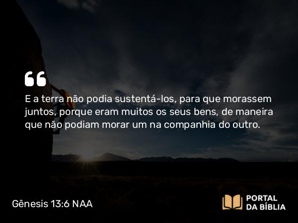 Gênesis 13:6 NAA - E a terra não podia sustentá-los, para que morassem juntos, porque eram muitos os seus bens, de maneira que não podiam morar um na companhia do outro.