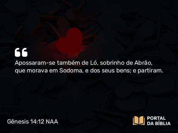 Gênesis 14:12 NAA - Apossaram-se também de Ló, sobrinho de Abrão, que morava em Sodoma, e dos seus bens; e partiram.