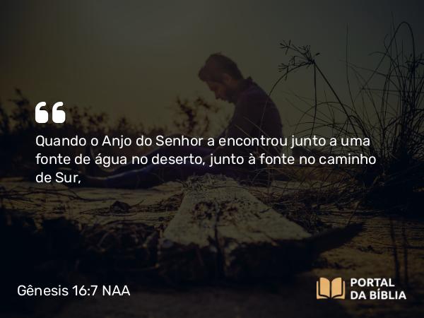 Gênesis 16:7 NAA - Quando o Anjo do Senhor a encontrou junto a uma fonte de água no deserto, junto à fonte no caminho de Sur,