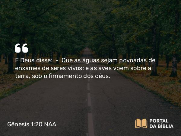 Gênesis 1:20 NAA - E Deus disse: — Que as águas sejam povoadas de enxames de seres vivos; e as aves voem sobre a terra, sob o firmamento dos céus.