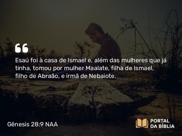 Gênesis 28:9 NAA - Esaú foi à casa de Ismael e, além das mulheres que já tinha, tomou por mulher Maalate, filha de Ismael, filho de Abraão, e irmã de Nebaiote.