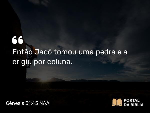 Gênesis 31:45 NAA - Então Jacó tomou uma pedra e a erigiu por coluna.