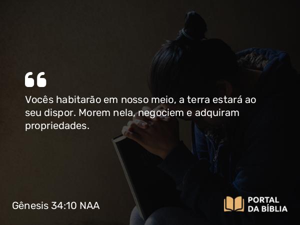 Gênesis 34:10 NAA - Vocês habitarão em nosso meio, a terra estará ao seu dispor. Morem nela, negociem e adquiram propriedades.