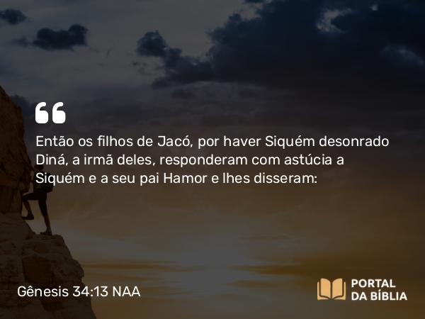 Gênesis 34:13 NAA - Então os filhos de Jacó, por haver Siquém desonrado Diná, a irmã deles, responderam com astúcia a Siquém e a seu pai Hamor e lhes disseram: