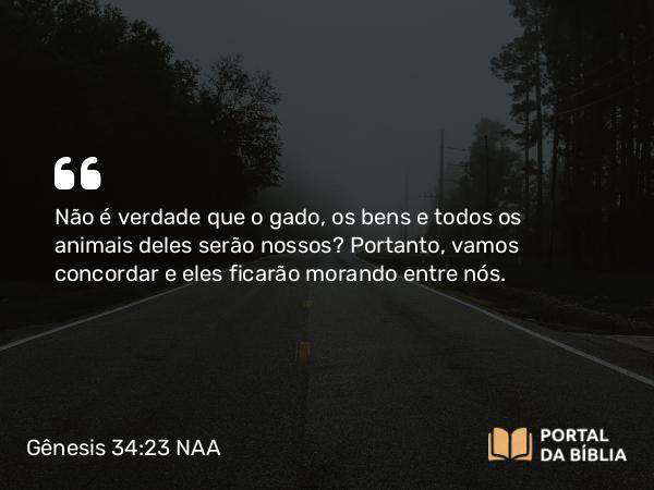 Gênesis 34:23 NAA - Não é verdade que o gado, os bens e todos os animais deles serão nossos? Portanto, vamos concordar e eles ficarão morando entre nós.