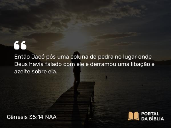 Gênesis 35:14 NAA - Então Jacó pôs uma coluna de pedra no lugar onde Deus havia falado com ele e derramou uma libação e azeite sobre ela.