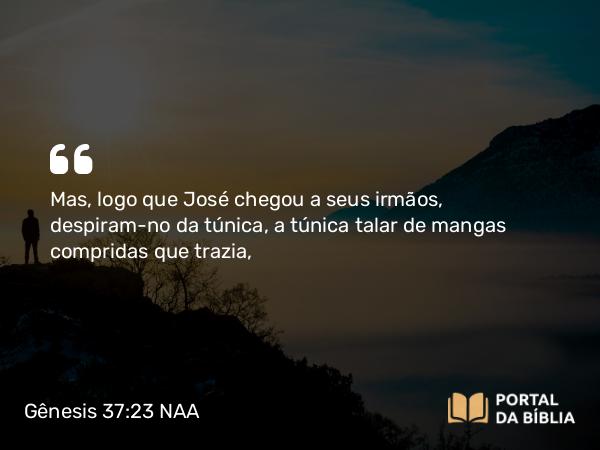 Gênesis 37:23 NAA - Mas, logo que José chegou a seus irmãos, despiram-no da túnica, a túnica talar de mangas compridas que trazia,