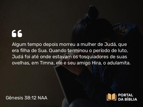 Gênesis 38:12 NAA - Algum tempo depois morreu a mulher de Judá, que era filha de Sua. Quando terminou o período de luto, Judá foi até onde estavam os tosquiadores de suas ovelhas, em Timna, ele e seu amigo Hira, o adulamita.