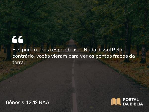 Gênesis 42:12 NAA - Ele, porém, lhes respondeu: — Nada disso! Pelo contrário, vocês vieram para ver os pontos fracos da terra.