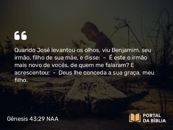 Gênesis 43:29 NAA - Quando José levantou os olhos, viu Benjamim, seu irmão, filho de sua mãe, e disse: — É este o irmão mais novo de vocês, de quem me falaram? E acrescentou: — Deus lhe conceda a sua graça, meu filho.