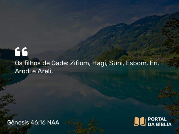 Gênesis 46:16 NAA - Os filhos de Gade: Zifiom, Hagi, Suni, Esbom, Eri, Arodi e Areli.