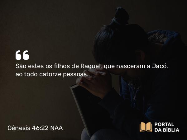 Gênesis 46:22 NAA - São estes os filhos de Raquel, que nasceram a Jacó, ao todo catorze pessoas.