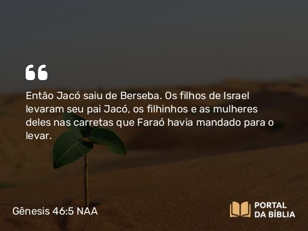 Gênesis 46:5 NAA - Então Jacó saiu de Berseba. Os filhos de Israel levaram seu pai Jacó, os filhinhos e as mulheres deles nas carretas que Faraó havia mandado para o levar.