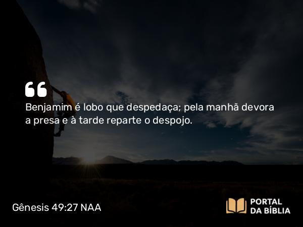 Gênesis 49:27 NAA - Benjamim é lobo que despedaça; pela manhã devora a presa e à tarde reparte o despojo.