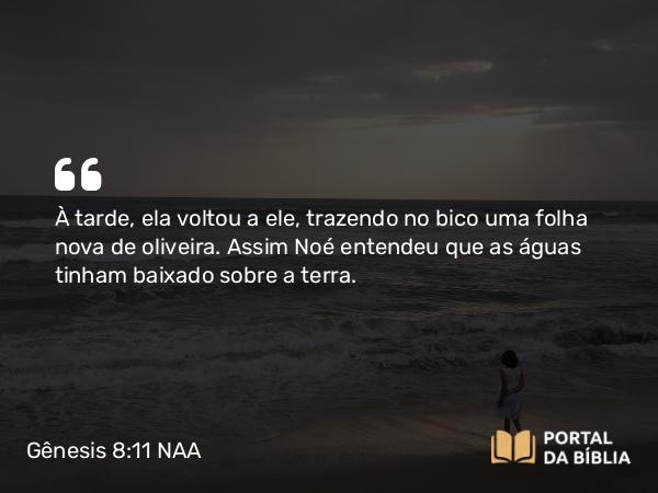 Gênesis 8:11 NAA - À tarde, ela voltou a ele, trazendo no bico uma folha nova de oliveira. Assim Noé entendeu que as águas tinham baixado sobre a terra.