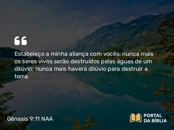 Gênesis 9:11-17 NAA - Estabeleço a minha aliança com vocês: nunca mais os seres vivos serão destruídos pelas águas de um dilúvio; nunca mais haverá dilúvio para destruir a terra.