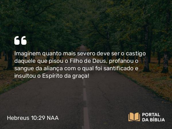 Hebreus 10:29 NAA - Imaginem quanto mais severo deve ser o castigo daquele que pisou o Filho de Deus, profanou o sangue da aliança com o qual foi santificado e insultou o Espírito da graça!