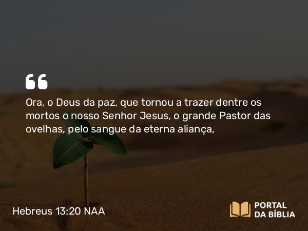 Hebreus 13:20 NAA - Ora, o Deus da paz, que tornou a trazer dentre os mortos o nosso Senhor Jesus, o grande Pastor das ovelhas, pelo sangue da eterna aliança,