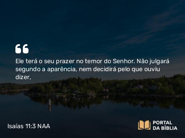 Isaías 11:3 NAA - Ele terá o seu prazer no temor do Senhor. Não julgará segundo a aparência, nem decidirá pelo que ouviu dizer,