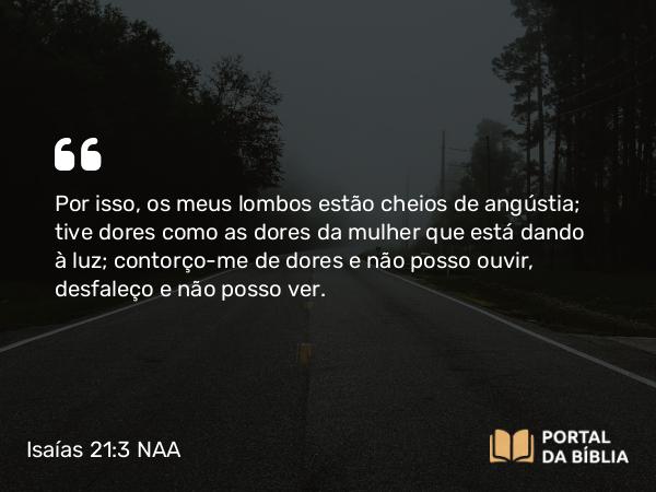 Isaías 21:3 NAA - Por isso, os meus lombos estão cheios de angústia; tive dores como as dores da mulher que está dando à luz; contorço-me de dores e não posso ouvir, desfaleço e não posso ver.