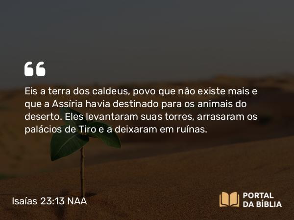 Isaías 23:13 NAA - Eis a terra dos caldeus, povo que não existe mais e que a Assíria havia destinado para os animais do deserto. Eles levantaram suas torres, arrasaram os palácios de Tiro e a deixaram em ruínas.