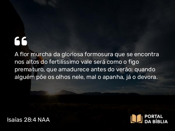 Isaías 28:4 NAA - A flor murcha da gloriosa formosura que se encontra nos altos do fertilíssimo vale será como o figo prematuro, que amadurece antes do verão: quando alguém põe os olhos nele, mal o apanha, já o devora.