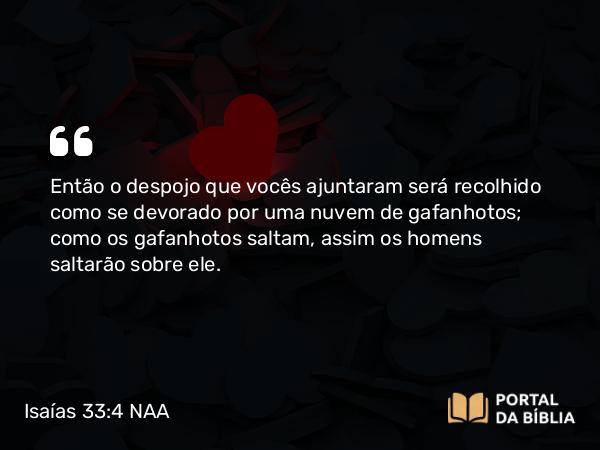 Isaías 33:4 NAA - Então o despojo que vocês ajuntaram será recolhido como se devorado por uma nuvem de gafanhotos; como os gafanhotos saltam, assim os homens saltarão sobre ele.