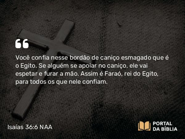 Isaías 36:6 NAA - Você confia nesse bordão de caniço esmagado que é o Egito. Se alguém se apoiar no caniço, ele vai espetar e furar a mão. Assim é Faraó, rei do Egito, para todos os que nele confiam.