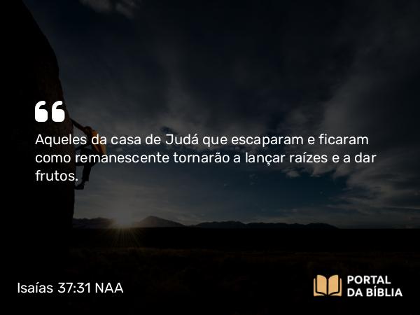 Isaías 37:31 NAA - Aqueles da casa de Judá que escaparam e ficaram como remanescente tornarão a lançar raízes e a dar frutos.