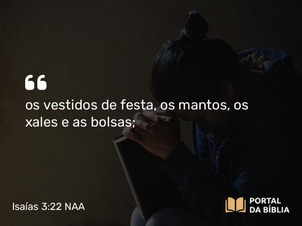 Isaías 3:22 NAA - os vestidos de festa, os mantos, os xales e as bolsas;