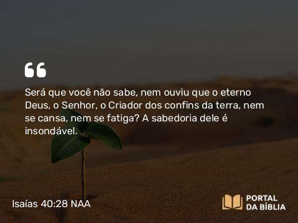 Isaías 40:28 NAA - Será que você não sabe, nem ouviu que o eterno Deus, o Senhor, o Criador dos confins da terra, nem se cansa, nem se fatiga? A sabedoria dele é insondável.