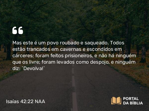 Isaías 42:22 NAA - Mas este é um povo roubado e saqueado. Todos estão trancados em cavernas e escondidos em cárceres; foram feitos prisioneiros, e não há ninguém que os livre; foram levados como despojo, e ninguém diz: 