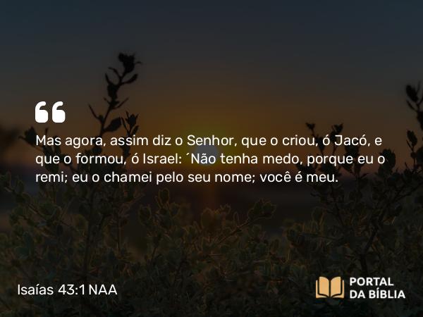 Isaías 43:1 NAA - Mas agora, assim diz o Senhor, que o criou, ó Jacó, e que o formou, ó Israel: 