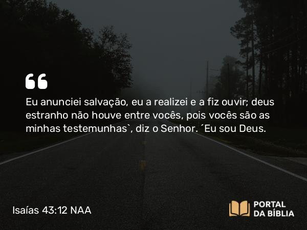 Isaías 43:12 NAA - Eu anunciei salvação, eu a realizei e a fiz ouvir; deus estranho não houve entre vocês, pois vocês são as minhas testemunhas