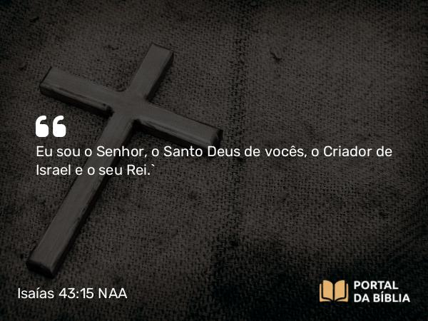 Isaías 43:15 NAA - Eu sou o Senhor, o Santo Deus de vocês, o Criador de Israel e o seu Rei.