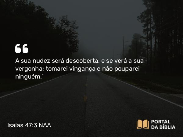 Isaías 47:3 NAA - A sua nudez será descoberta, e se verá a sua vergonha; tomarei vingança e não pouparei ninguém.