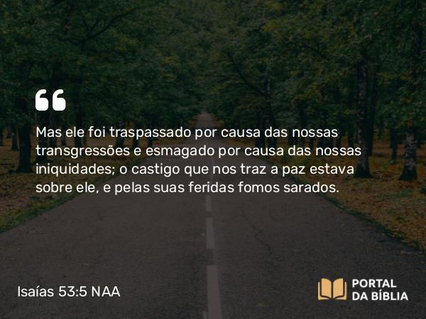 Isaías 53:5-6 NAA - Mas ele foi traspassado por causa das nossas transgressões e esmagado por causa das nossas iniquidades; o castigo que nos traz a paz estava sobre ele, e pelas suas feridas fomos sarados.