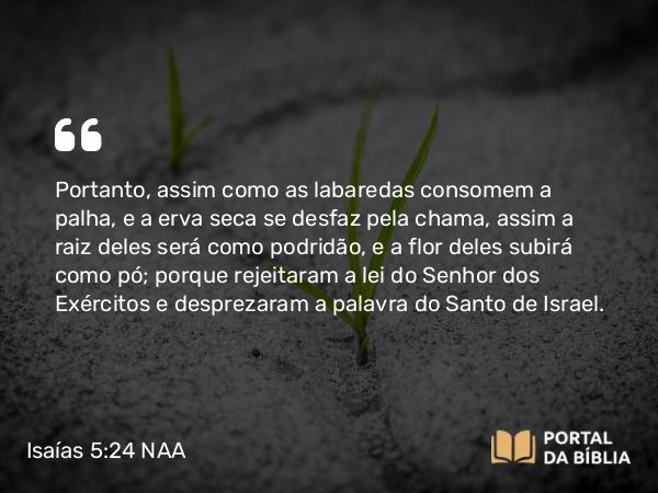 Isaías 5:24 NAA - Portanto, assim como as labaredas consomem a palha, e a erva seca se desfaz pela chama, assim a raiz deles será como podridão, e a flor deles subirá como pó; porque rejeitaram a lei do Senhor dos Exércitos e desprezaram a palavra do Santo de Israel.