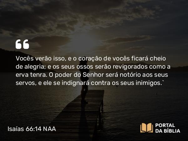 Isaías 66:14 NAA - Vocês verão isso, e o coração de vocês ficará cheio de alegria; e os seus ossos serão revigorados como a erva tenra. O poder do Senhor será notório aos seus servos, e ele se indignará contra os seus inimigos.