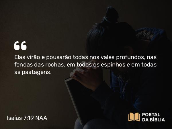 Isaías 7:19 NAA - Elas virão e pousarão todas nos vales profundos, nas fendas das rochas, em todos os espinhos e em todas as pastagens.