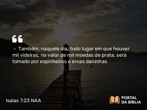 Isaías 7:23 NAA - — Também, naquele dia, todo lugar em que houver mil videiras, no valor de mil moedas de prata, será tomado por espinheiros e ervas daninhas.