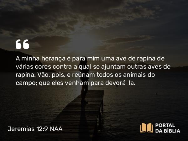 Jeremias 12:9 NAA - A minha herança é para mim uma ave de rapina de várias cores contra a qual se ajuntam outras aves de rapina. Vão, pois, e reúnam todos os animais do campo; que eles venham para devorá-la.