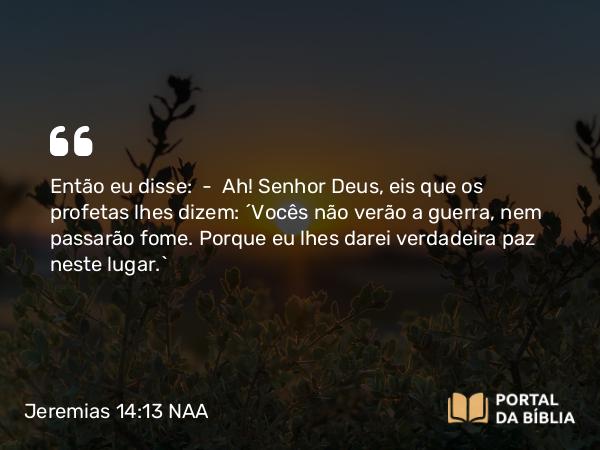 Jeremias 14:13 NAA - Então eu disse: — Ah! Senhor Deus, eis que os profetas lhes dizem: 