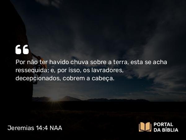 Jeremias 14:4 NAA - Por não ter havido chuva sobre a terra, esta se acha ressequida; e, por isso, os lavradores, decepcionados, cobrem a cabeça.