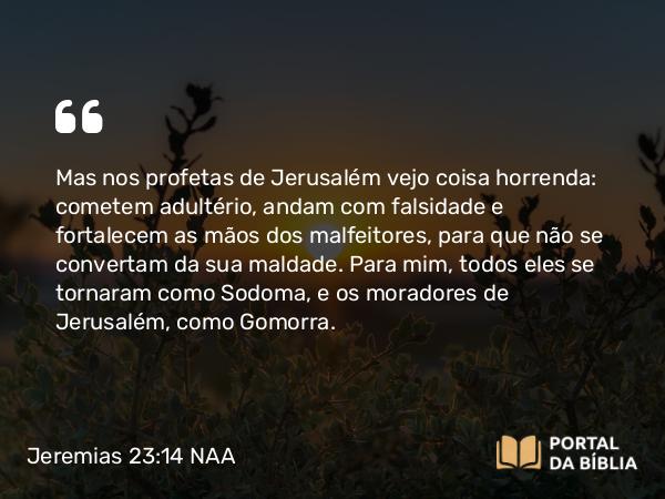 Jeremias 23:14 NAA - Mas nos profetas de Jerusalém vejo coisa horrenda: cometem adultério, andam com falsidade e fortalecem as mãos dos malfeitores, para que não se convertam da sua maldade. Para mim, todos eles se tornaram como Sodoma, e os moradores de Jerusalém, como Gomorra.