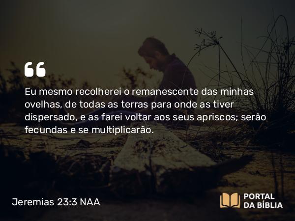 Jeremias 23:3 NAA - Eu mesmo recolherei o remanescente das minhas ovelhas, de todas as terras para onde as tiver dispersado, e as farei voltar aos seus apriscos; serão fecundas e se multiplicarão.