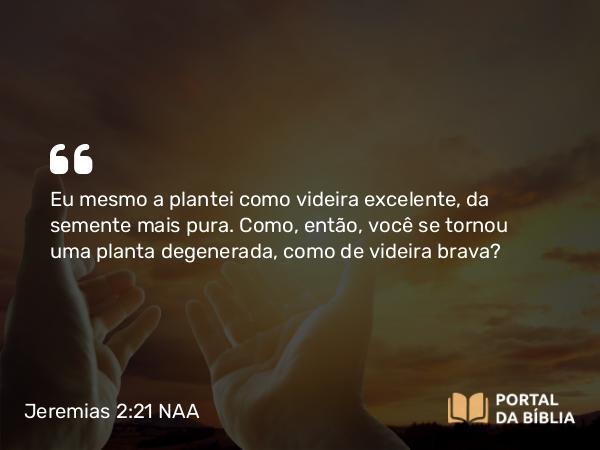 Jeremias 2:21 NAA - Eu mesmo a plantei como videira excelente, da semente mais pura. Como, então, você se tornou uma planta degenerada, como de videira brava?