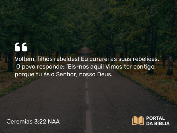 Jeremias 3:22 NAA - Voltem, filhos rebeldes! Eu curarei as suas rebeliões.